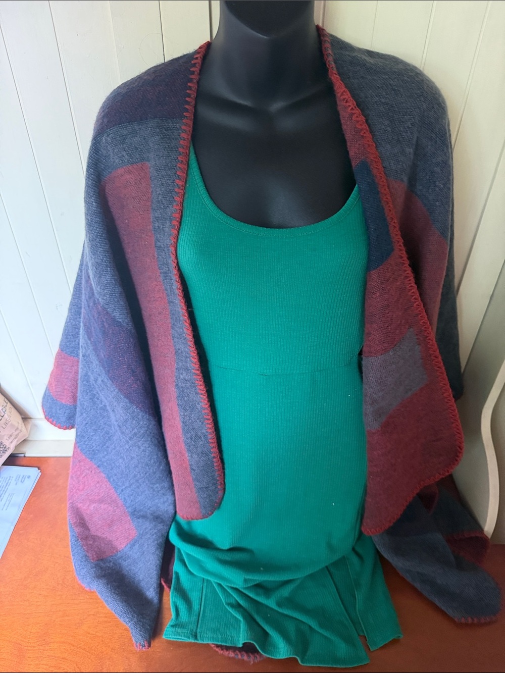 BB Dakota Colorblock Open-Front Poncho Shrug in Wine and Gray